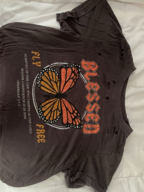 Xenia Boutique Tops - Xenia Boutique Charcoal 'Blessed' Butterfly Graphic Tee with Orange Accents